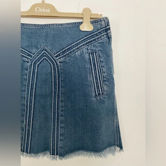 CHLOE BLUE DENIM JEAN MINI SKIRT SIZE 36 FRINGE HEM LUXURY BOHO